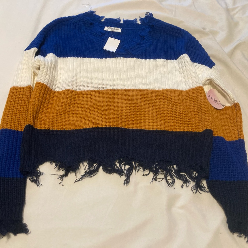New Full Circle Trends Striped Frayed Sweater Women Size L V-neck Long Sleeve